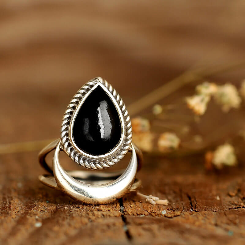 Black Tourmaline Moon Ring Sterling Silver