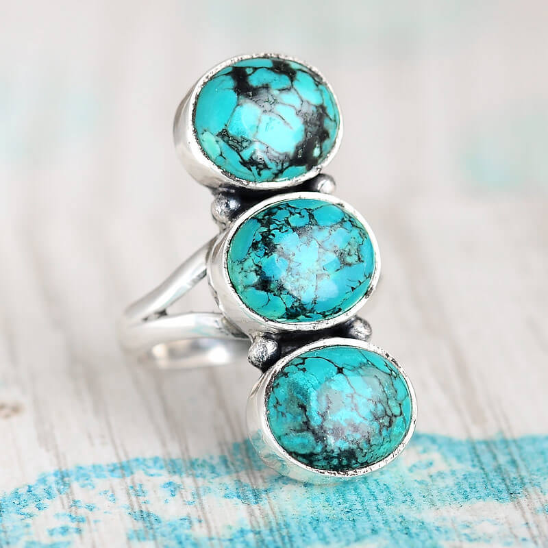 Turquoise Ring /Statement Jewelry/Triple Stone Ring/ 925 Sterling Silver Ring/ Gifts for her/ Birthstone 2024 Jewelry/Boho Rings