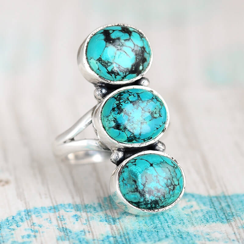 Three Stone Turquoise Ring Sterling Silver