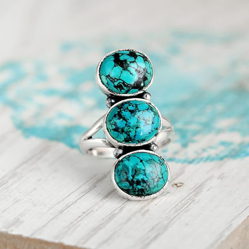 Three Stone Turquoise Ring Sterling Silver