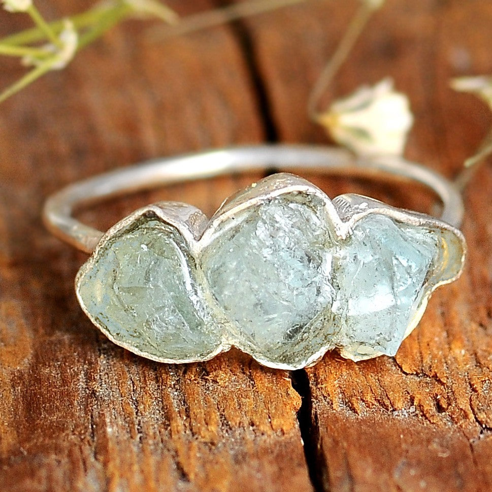 Three Stone Raw Aquamarine Ring Sterling Silver