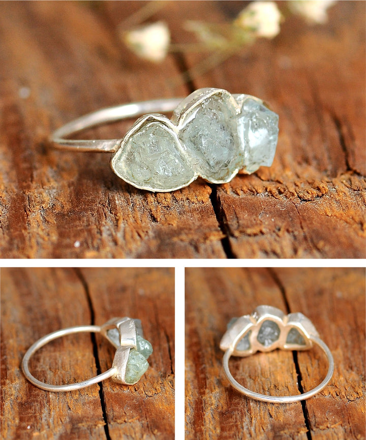 Three Stone Raw Aquamarine Ring Sterling Silver 10