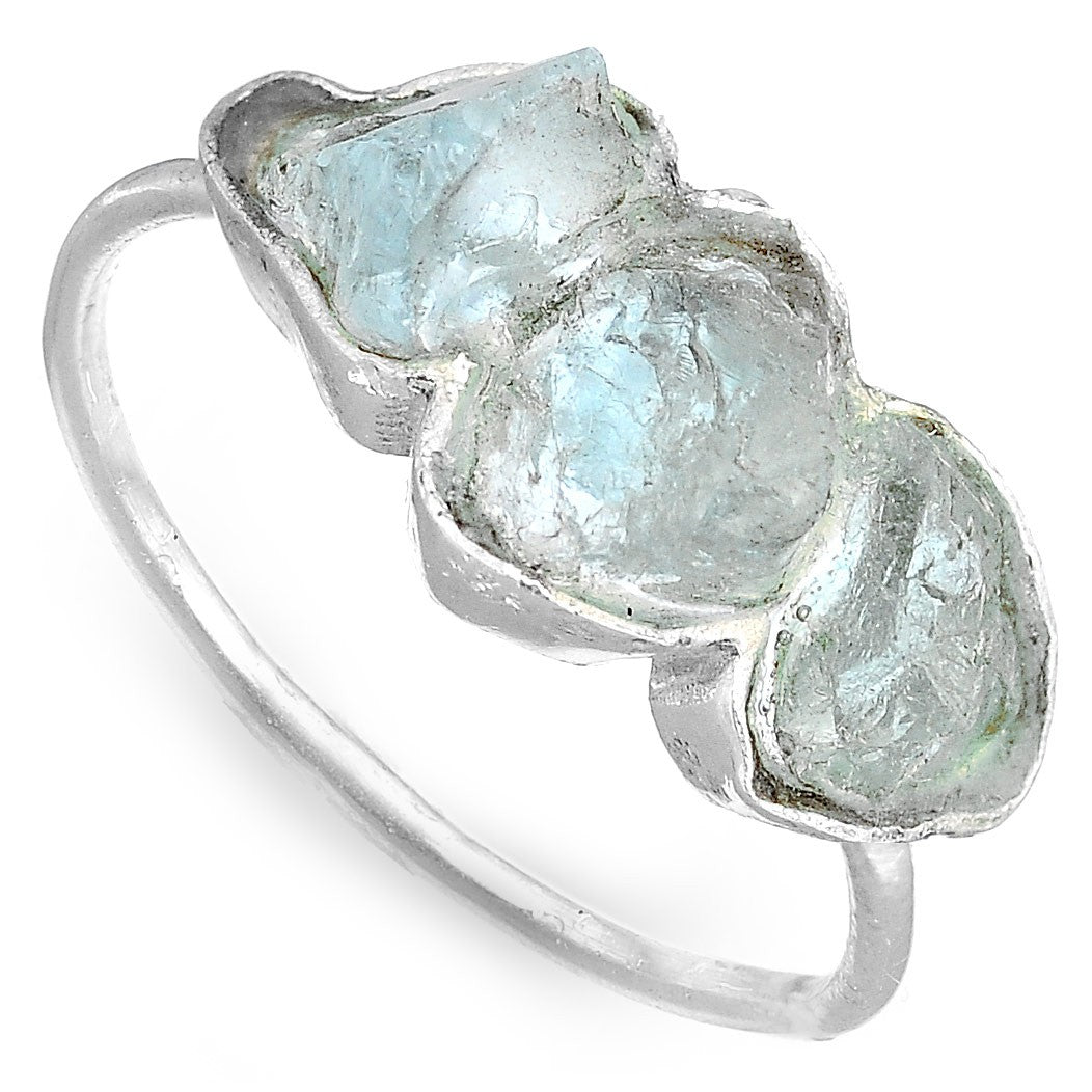 Three Stone Raw Aquamarine Ring Sterling Silver