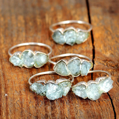 Three Stone Raw Aquamarine Ring Sterling Silver - Boho Magic